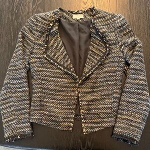 LOFT Tweed Blazer in Green, Black & Cream. Close up picture to show colors.